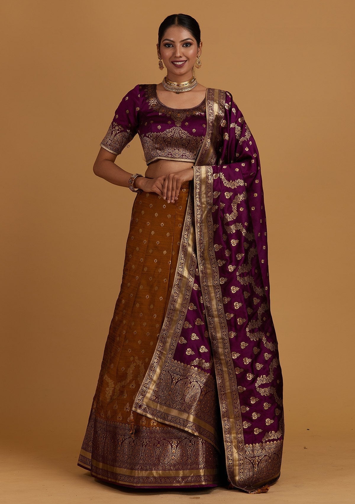 Mustard Zariwork Brocade Designer Semi-Stitched Lehenga - Koskii