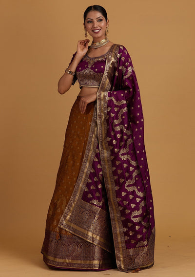 Mustard Zariwork Brocade Designer Semi-Stitched Lehenga - Koskii
