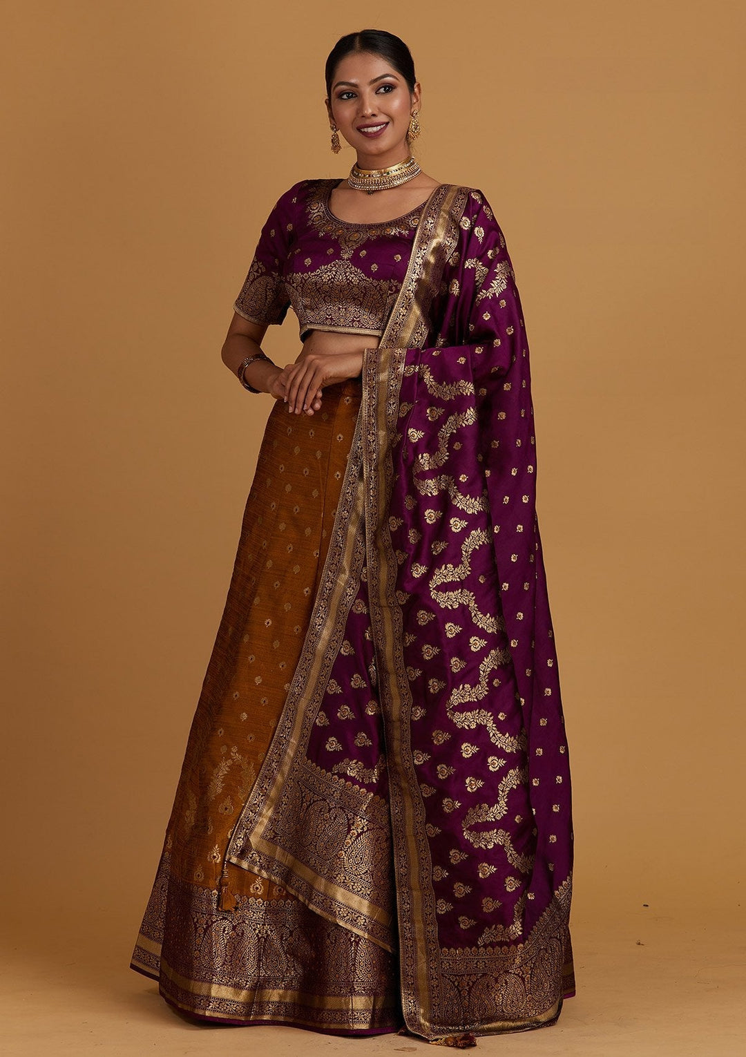 Mustard Zariwork Brocade Designer Semi-Stitched Lehenga - Koskii