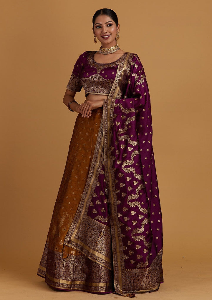 Mustard Zariwork Brocade Designer Semi-Stitched Lehenga - Koskii