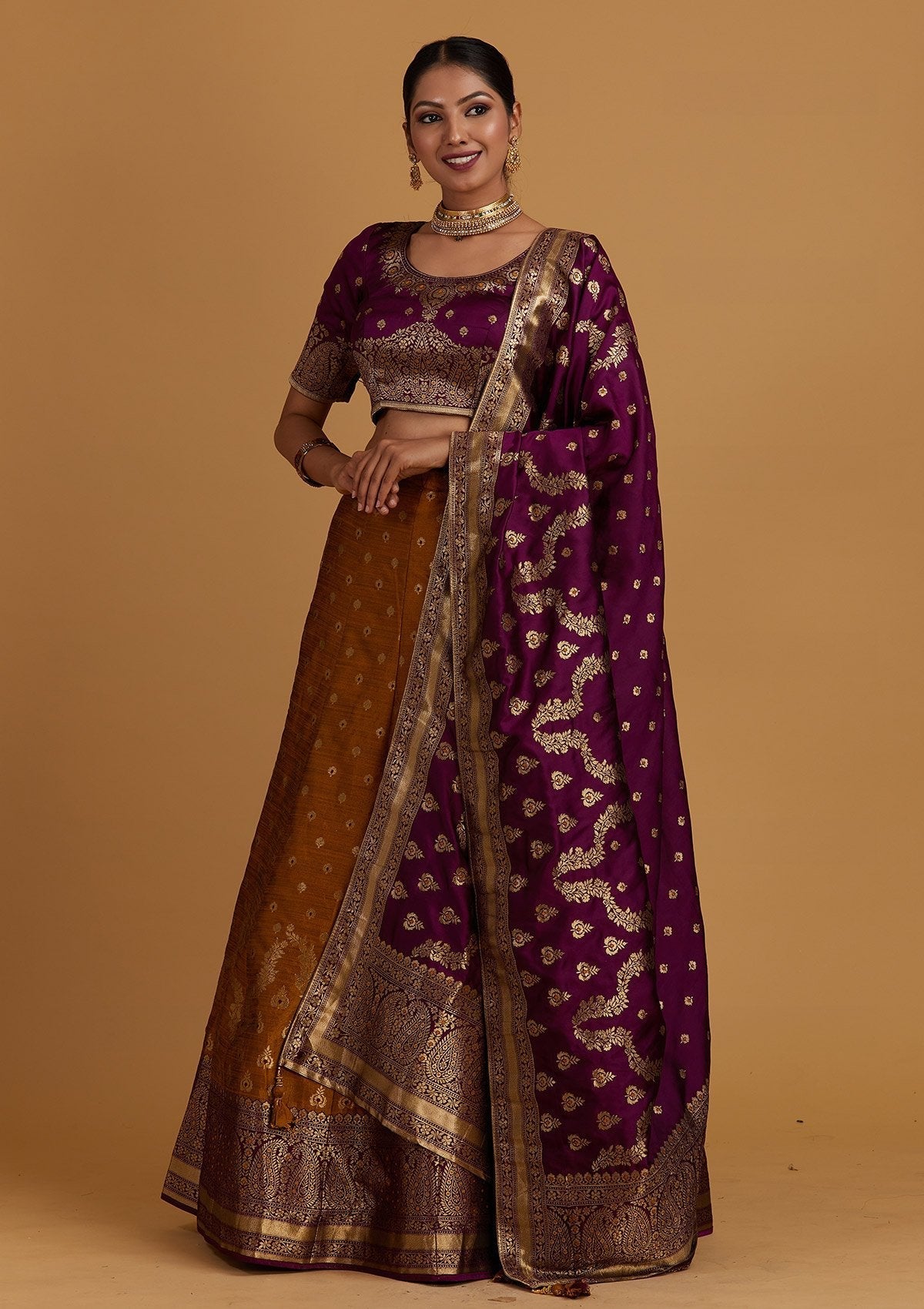 Mustard Zariwork Brocade Designer Semi-Stitched Lehenga - Koskii