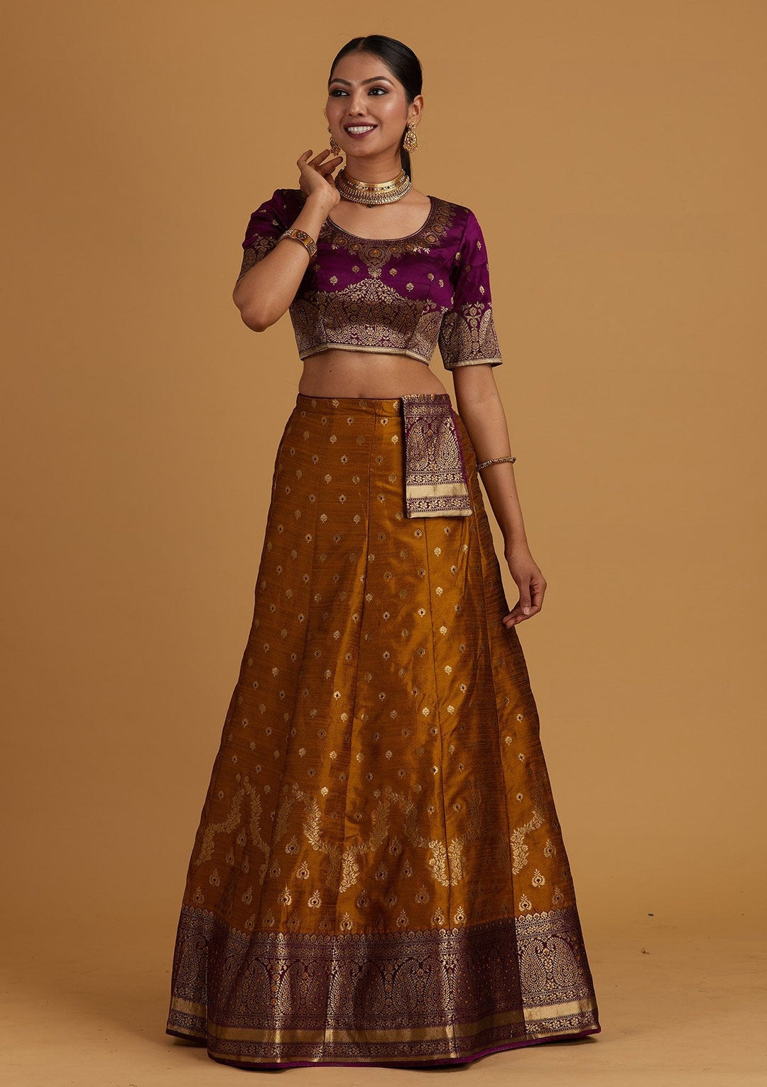 Mustard Zariwork Brocade Designer Semi-Stitched Lehenga - Koskii