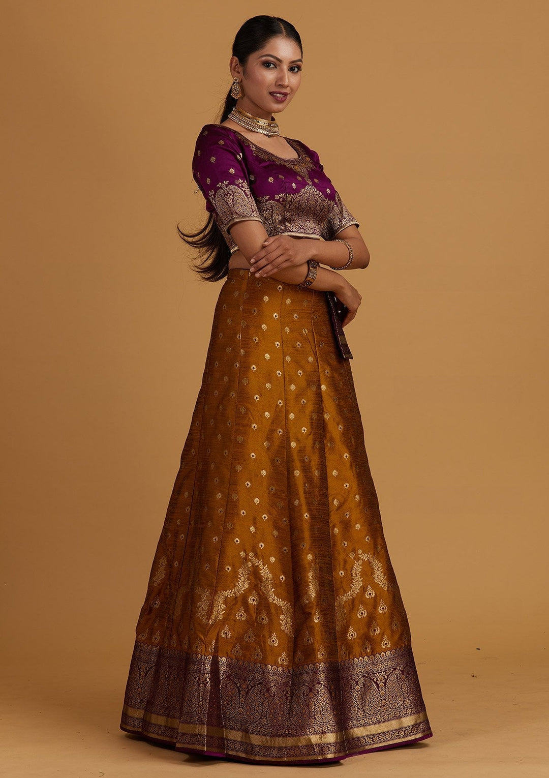Mustard Zariwork Brocade Designer Semi-Stitched Lehenga - Koskii