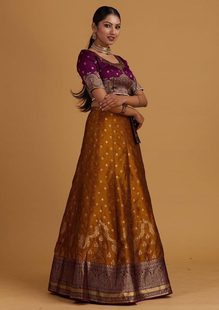 Mustard Zariwork Brocade Designer Semi-Stitched Lehenga - Koskii