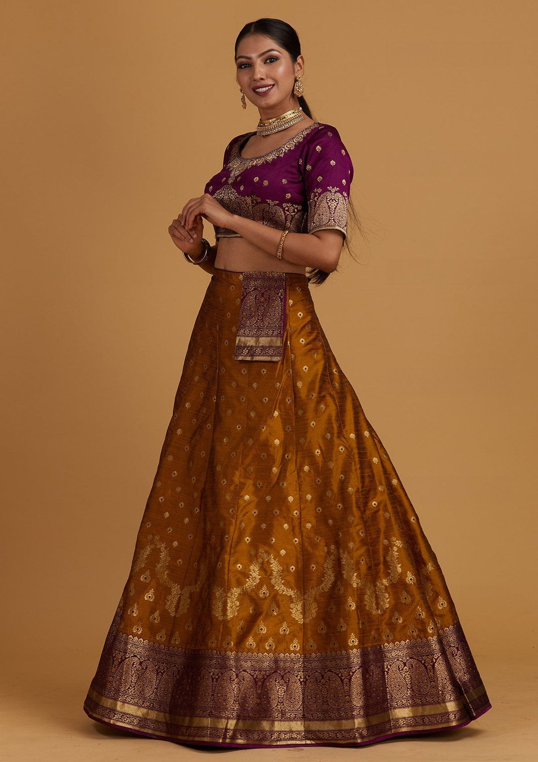 Mustard Zariwork Brocade Designer Semi-Stitched Lehenga - Koskii