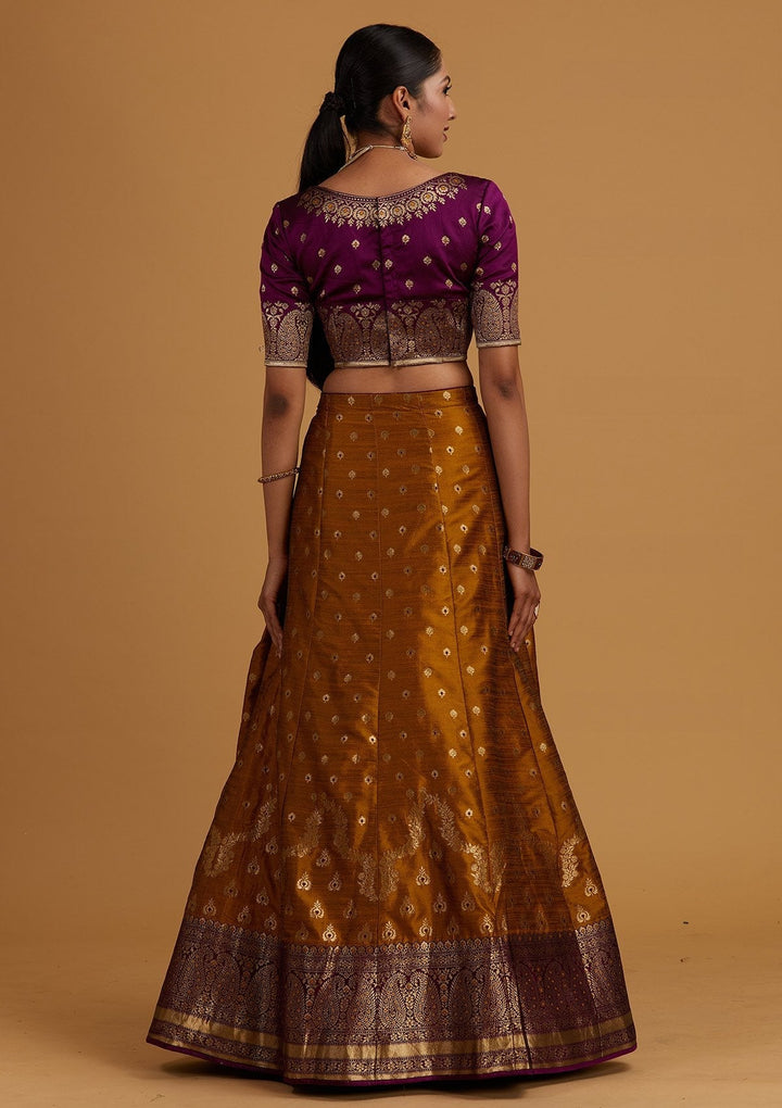 Mustard Zariwork Brocade Designer Semi-Stitched Lehenga - Koskii