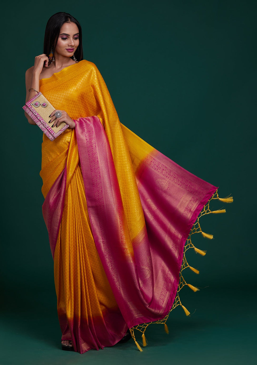 Mustard Zariwork Brocade Saree - Koskii