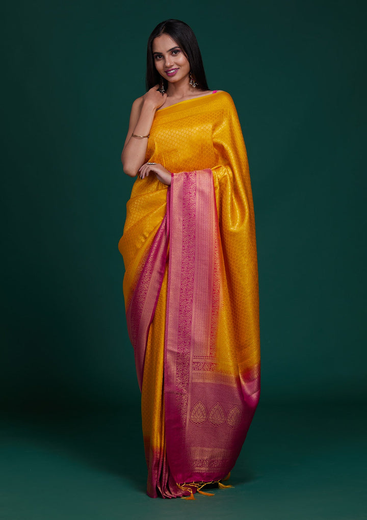 Mustard Zariwork Brocade Saree - Koskii