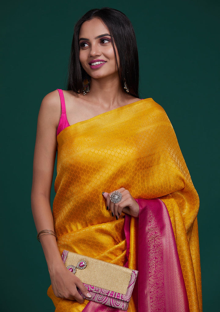 Mustard Zariwork Brocade Saree - Koskii