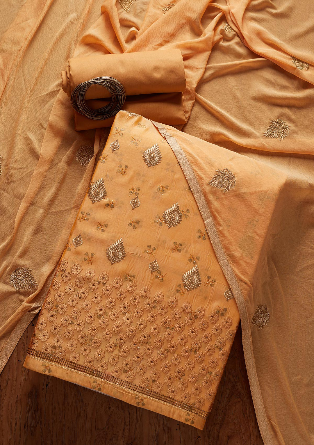 Mustard Zariwork Chanderi Designer Unstitched Salwar Suit - koskii