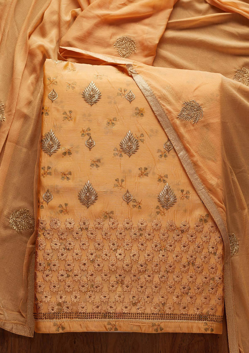 Mustard Zariwork Chanderi Designer Unstitched Salwar Suit - koskii