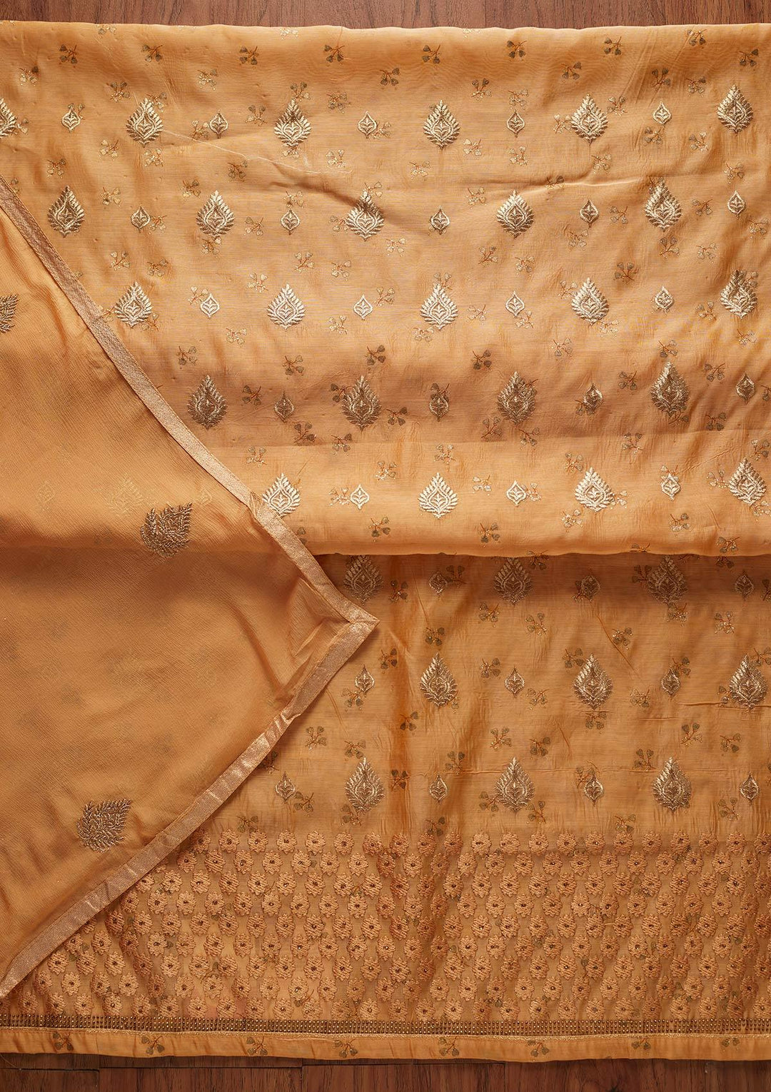 Mustard Zariwork Chanderi Designer Unstitched Salwar Suit - koskii
