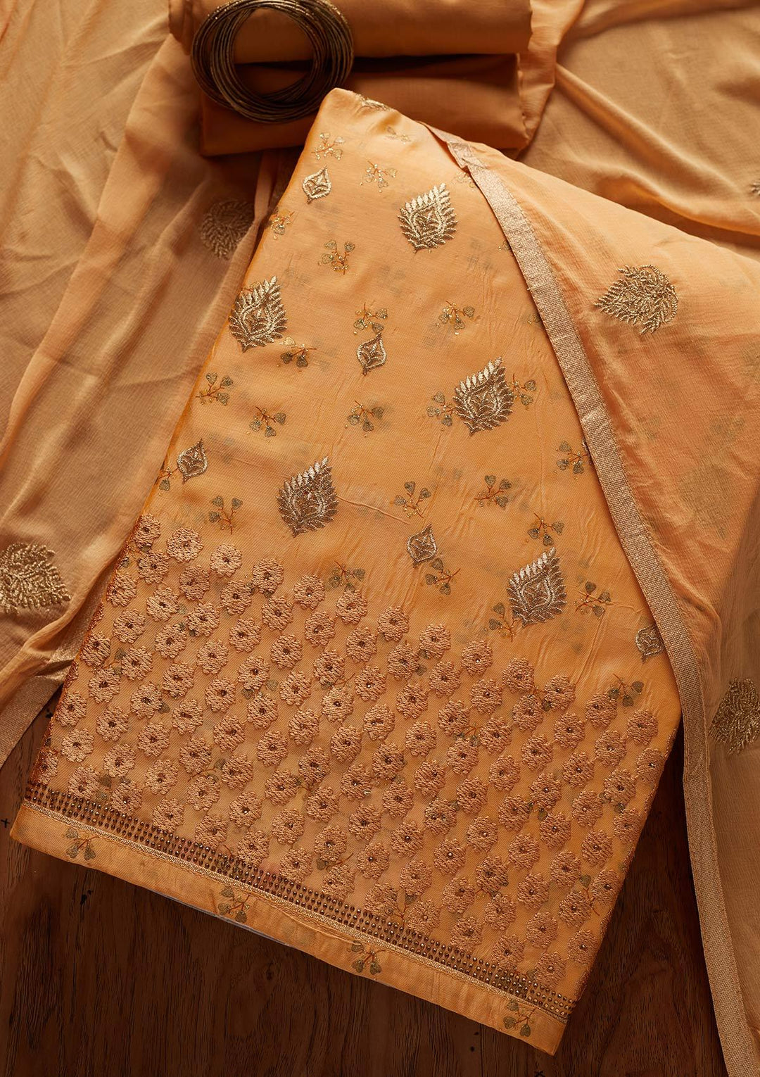 Mustard Zariwork Chanderi Designer Unstitched Salwar Suit - koskii