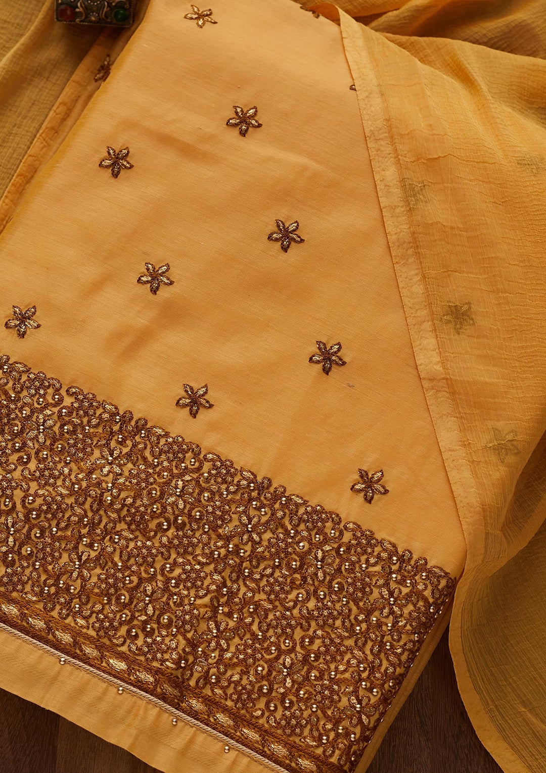 Mustard Zariwork Chanderi Designer Unstitched Salwar Suit - Koskii
