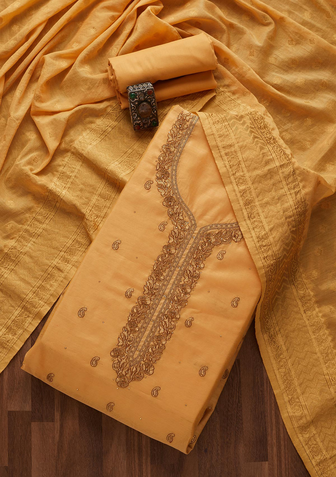 Mustard Zariwork Chanderi Designer Unstitched Salwar Suit - Koskii