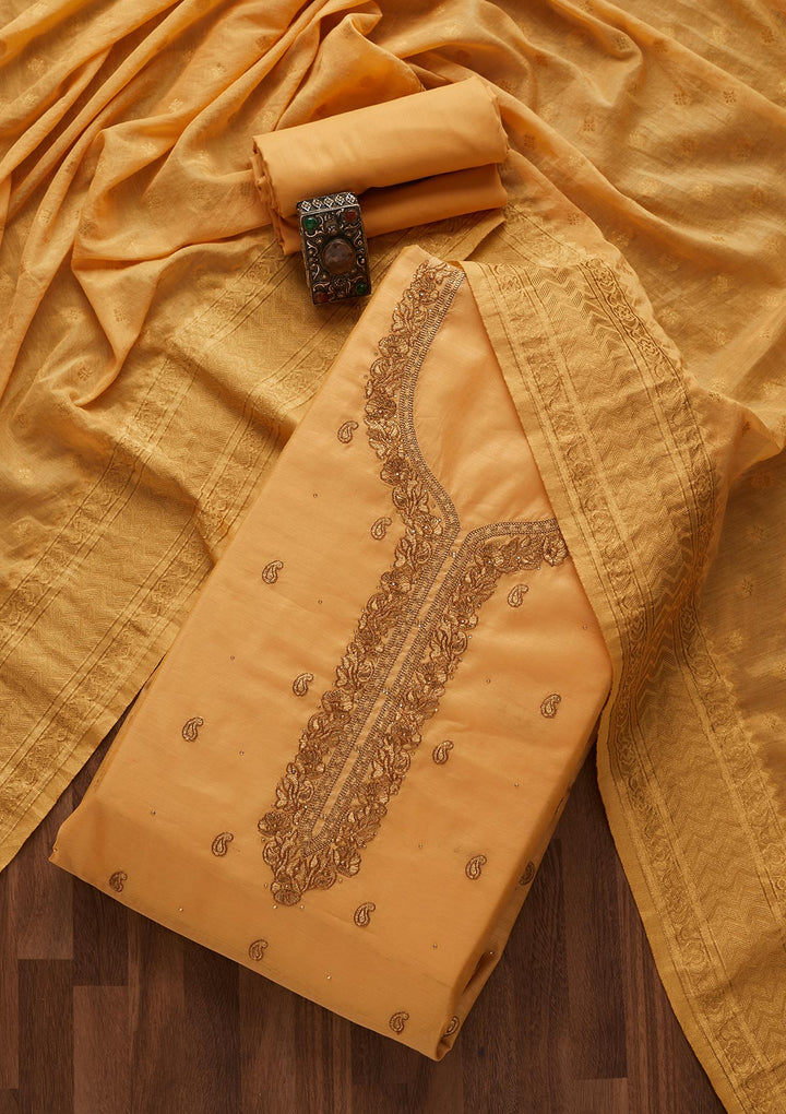 Mustard Zariwork Chanderi Designer Unstitched Salwar Suit - Koskii