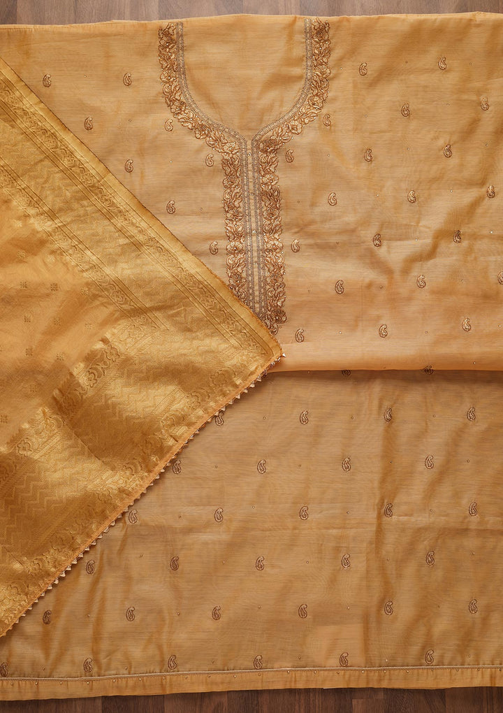 Mustard Zariwork Chanderi Designer Unstitched Salwar Suit - Koskii