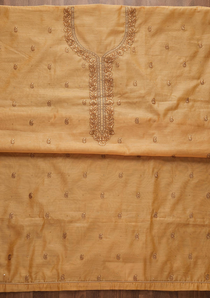 Mustard Zariwork Chanderi Designer Unstitched Salwar Suit - Koskii