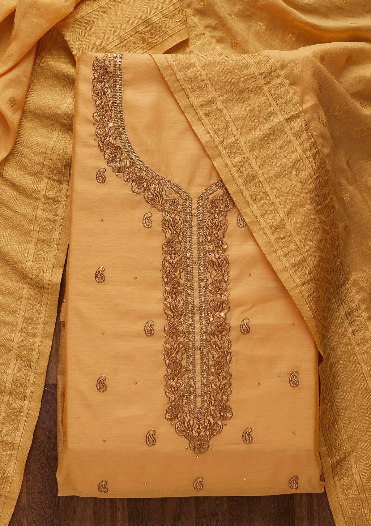 Mustard Zariwork Chanderi Designer Unstitched Salwar Suit - Koskii