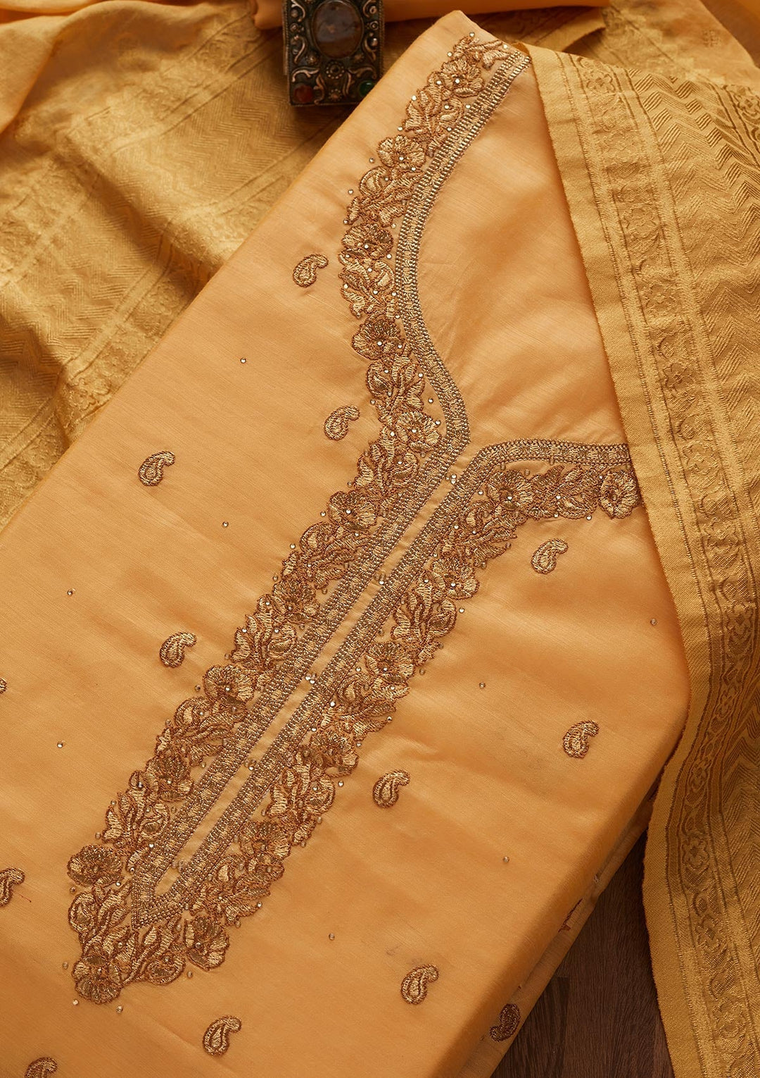 Mustard Zariwork Chanderi Designer Unstitched Salwar Suit - Koskii