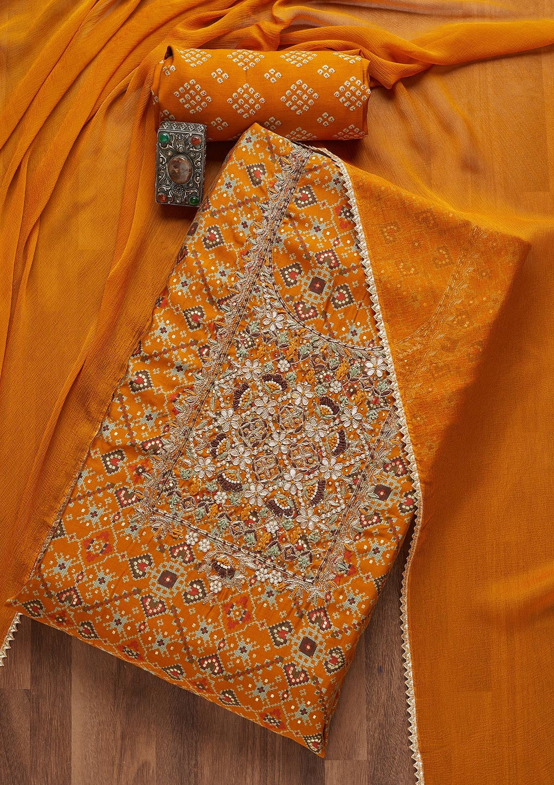 Mustard Zariwork Chanderi Unstitched Salwar Suit- Koskii