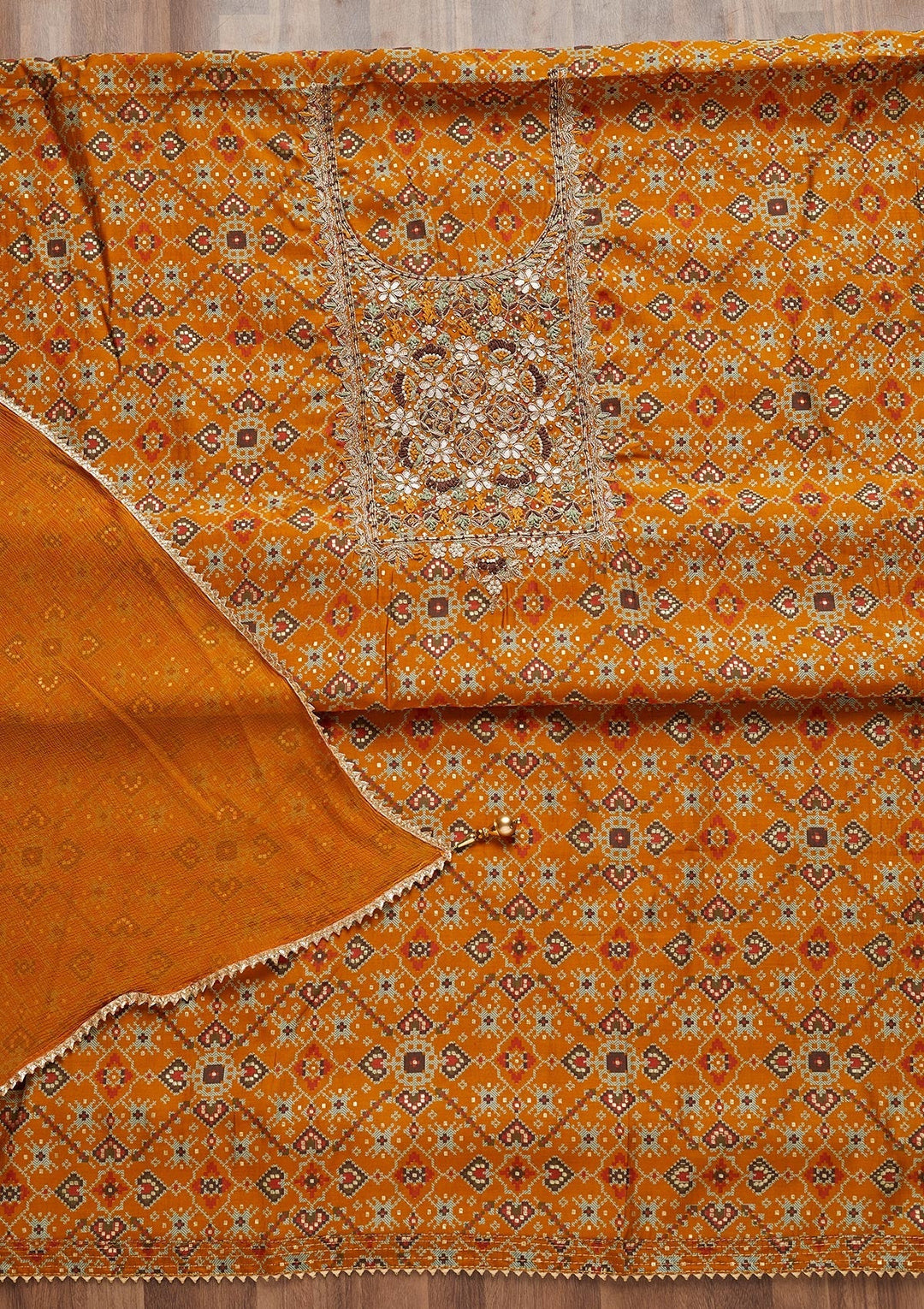Mustard Zariwork Chanderi Unstitched Salwar Suit - Koskii