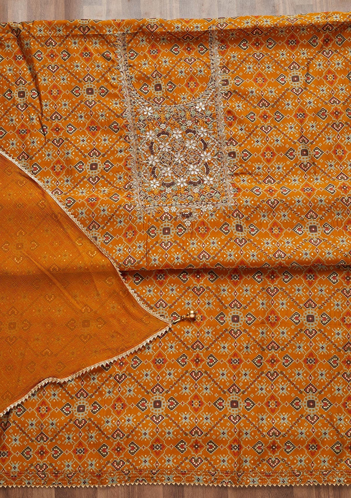 Mustard Zariwork Chanderi Unstitched Salwar Suit - Koskii