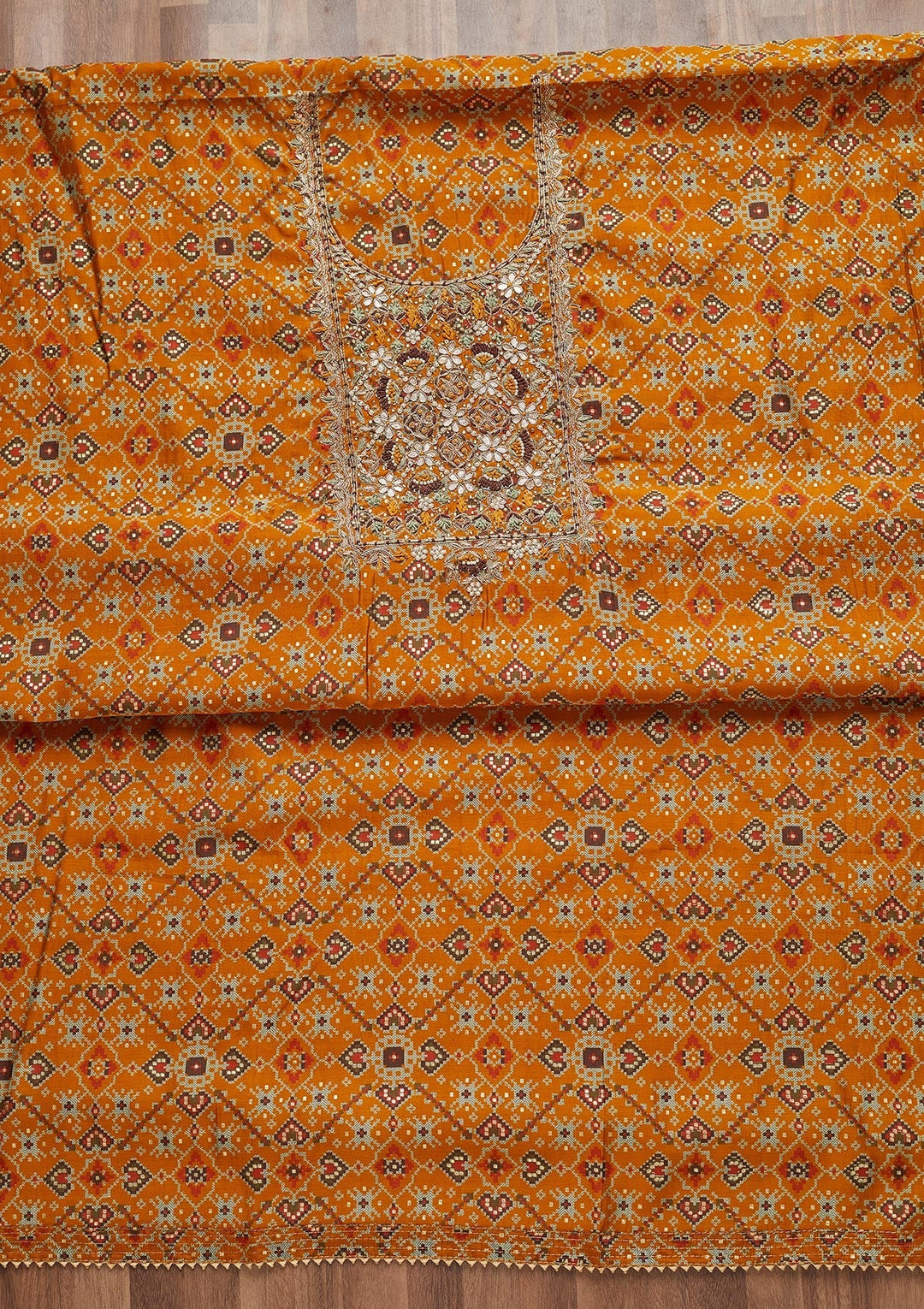 Mustard Zariwork Chanderi Unstitched Salwar Suit - Koskii