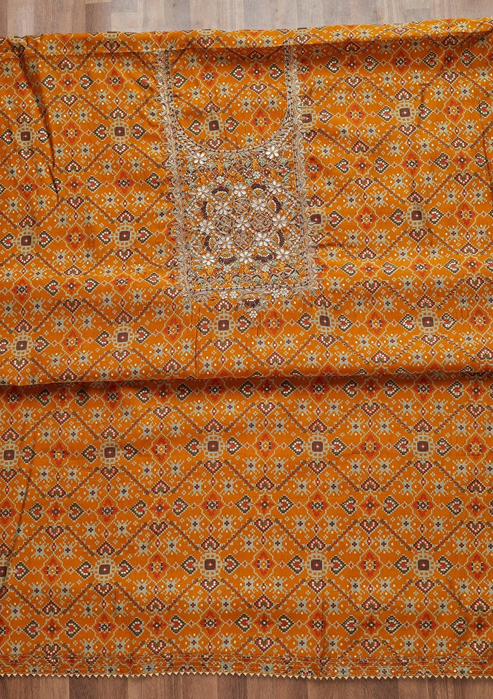 Mustard Zariwork Chanderi Unstitched Salwar Suit - Koskii