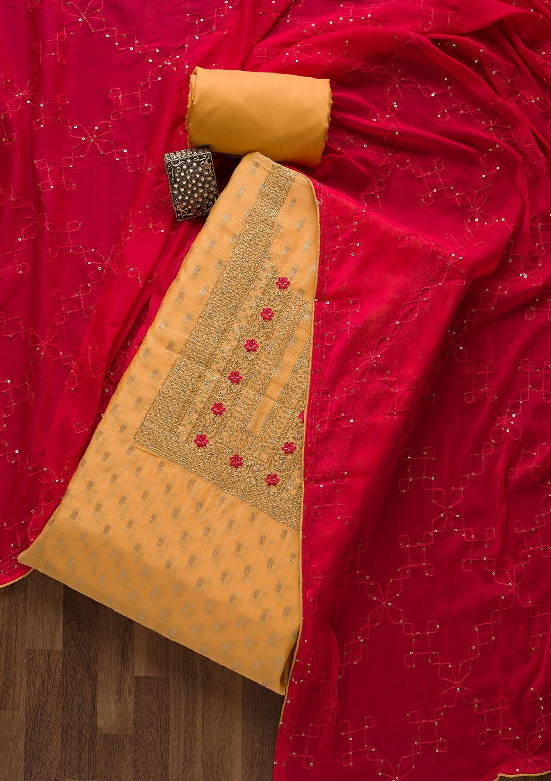 Mustard Zariwork Chanderi Unstitched Salwar Suit-Koskii