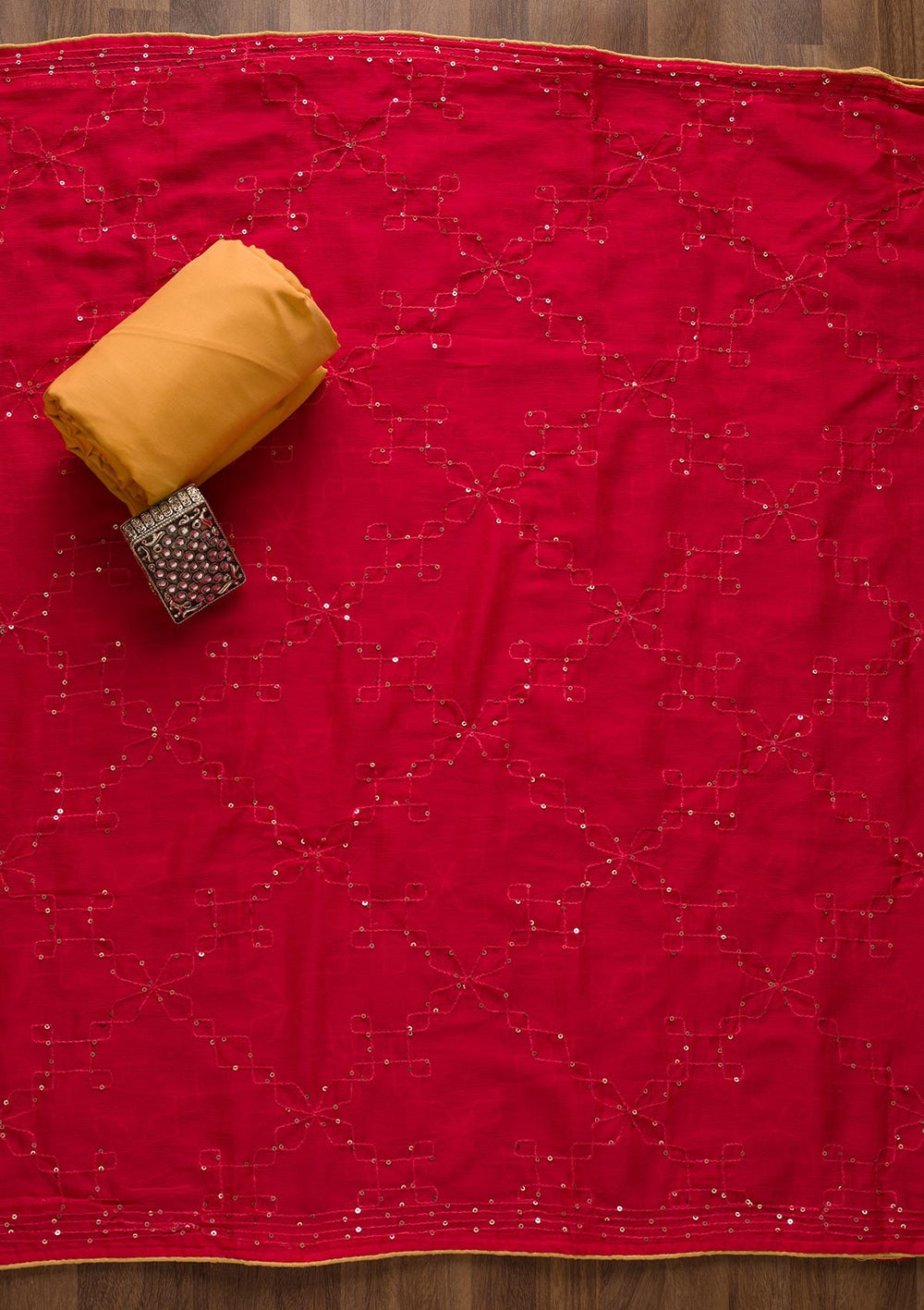 Mustard Zariwork Chanderi Unstitched Salwar Suit-Koskii