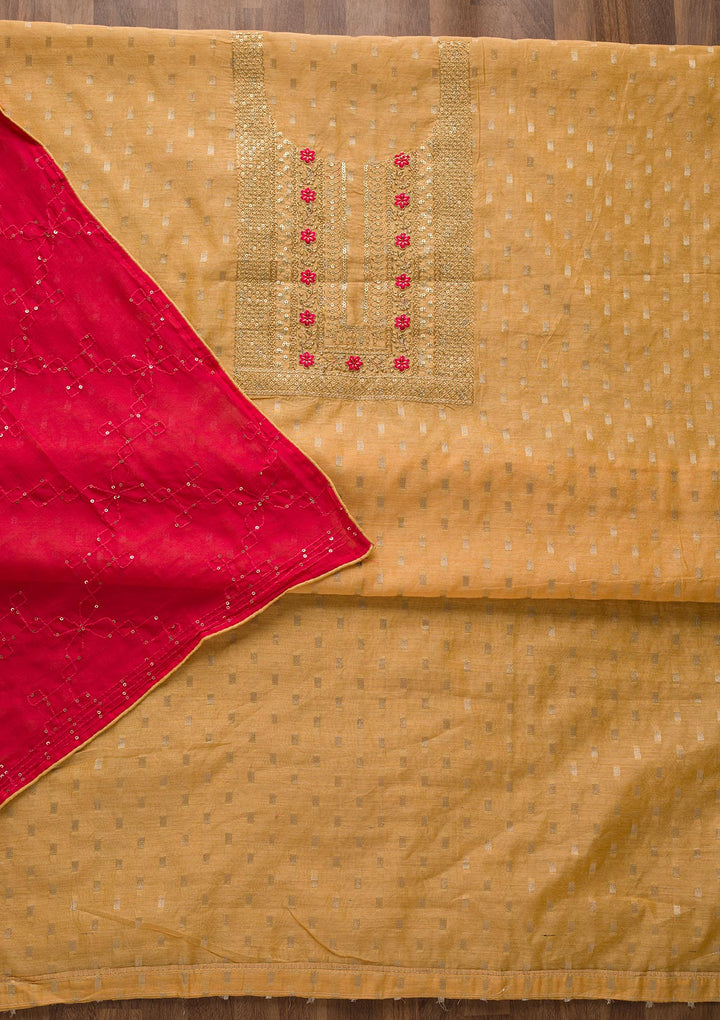 Mustard Zariwork Chanderi Unstitched Salwar Suit-Koskii