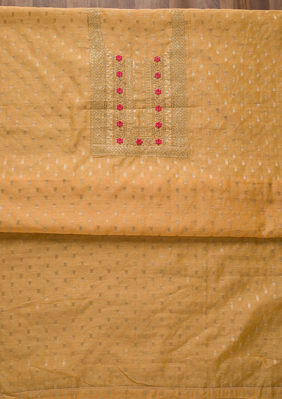 Mustard Zariwork Chanderi Unstitched Salwar Suit-Koskii
