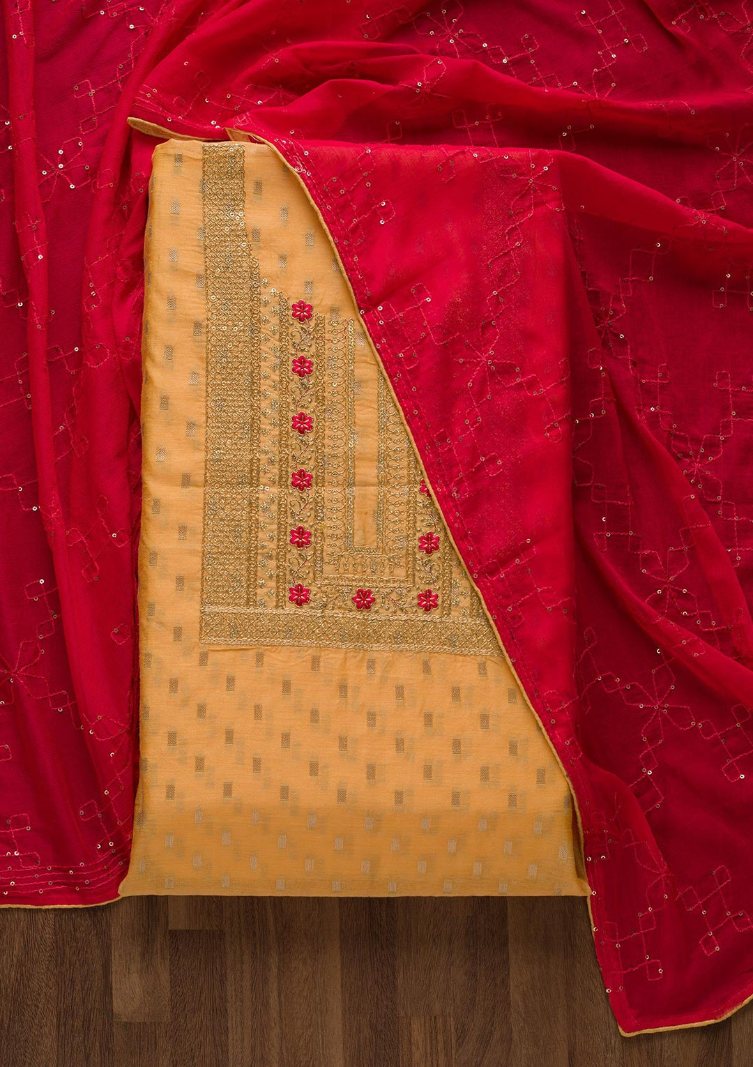 Mustard Zariwork Chanderi Unstitched Salwar Suit-Koskii