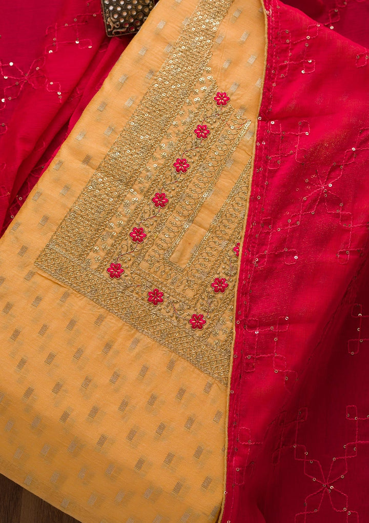 Mustard Zariwork Chanderi Unstitched Salwar Suit-Koskii