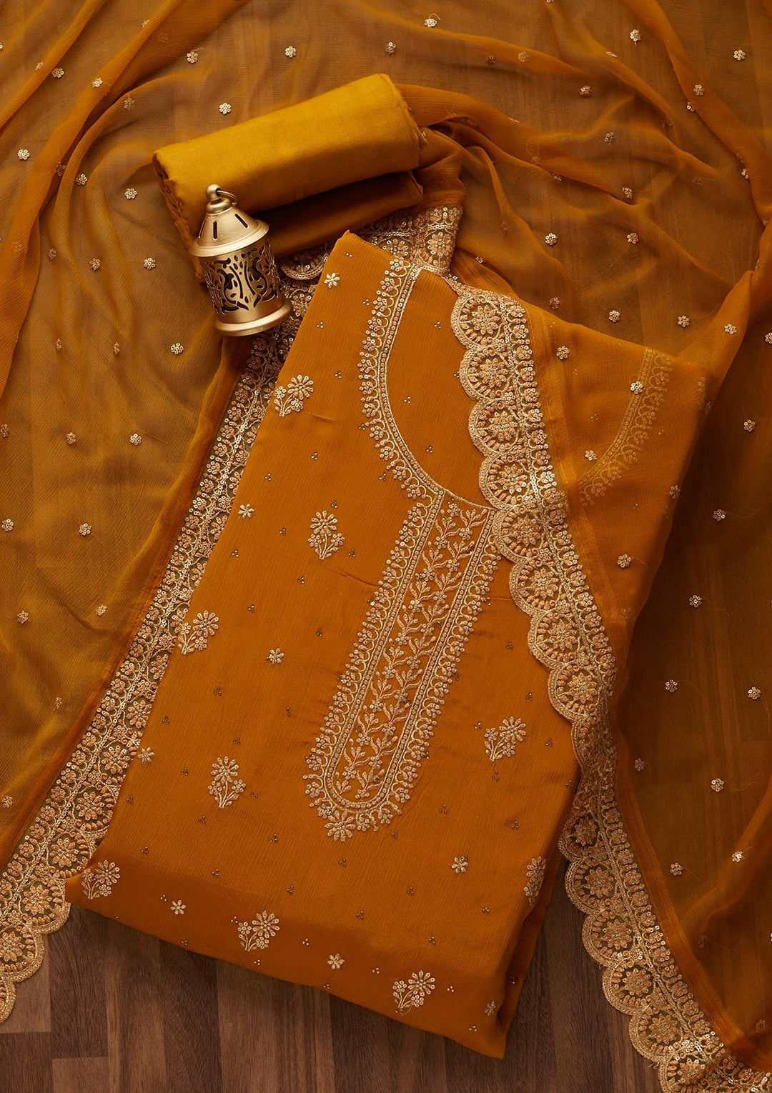 Mustard Zariwork Chiffon Unstitched Salwar Suit - Koskii
