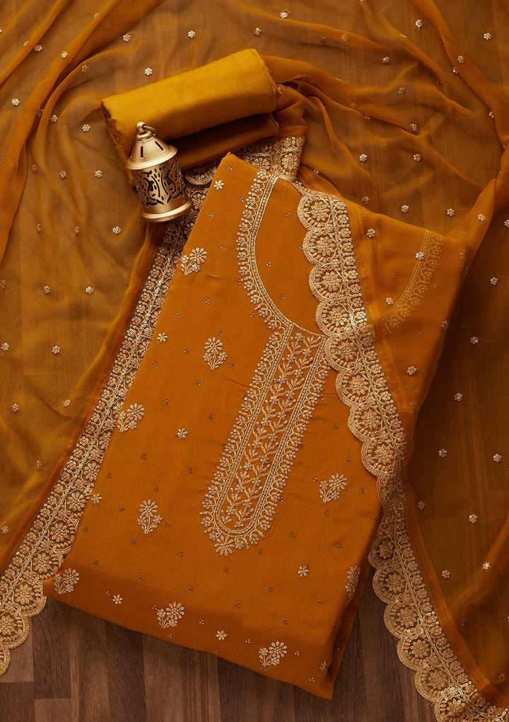 Mustard Zariwork Chiffon Unstitched Salwar Suit - Koskii