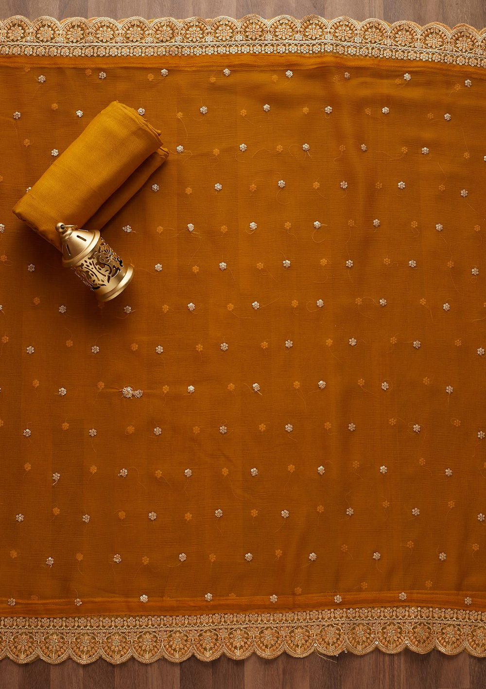 Mustard Zariwork Chiffon Unstitched Salwar Suit - Koskii