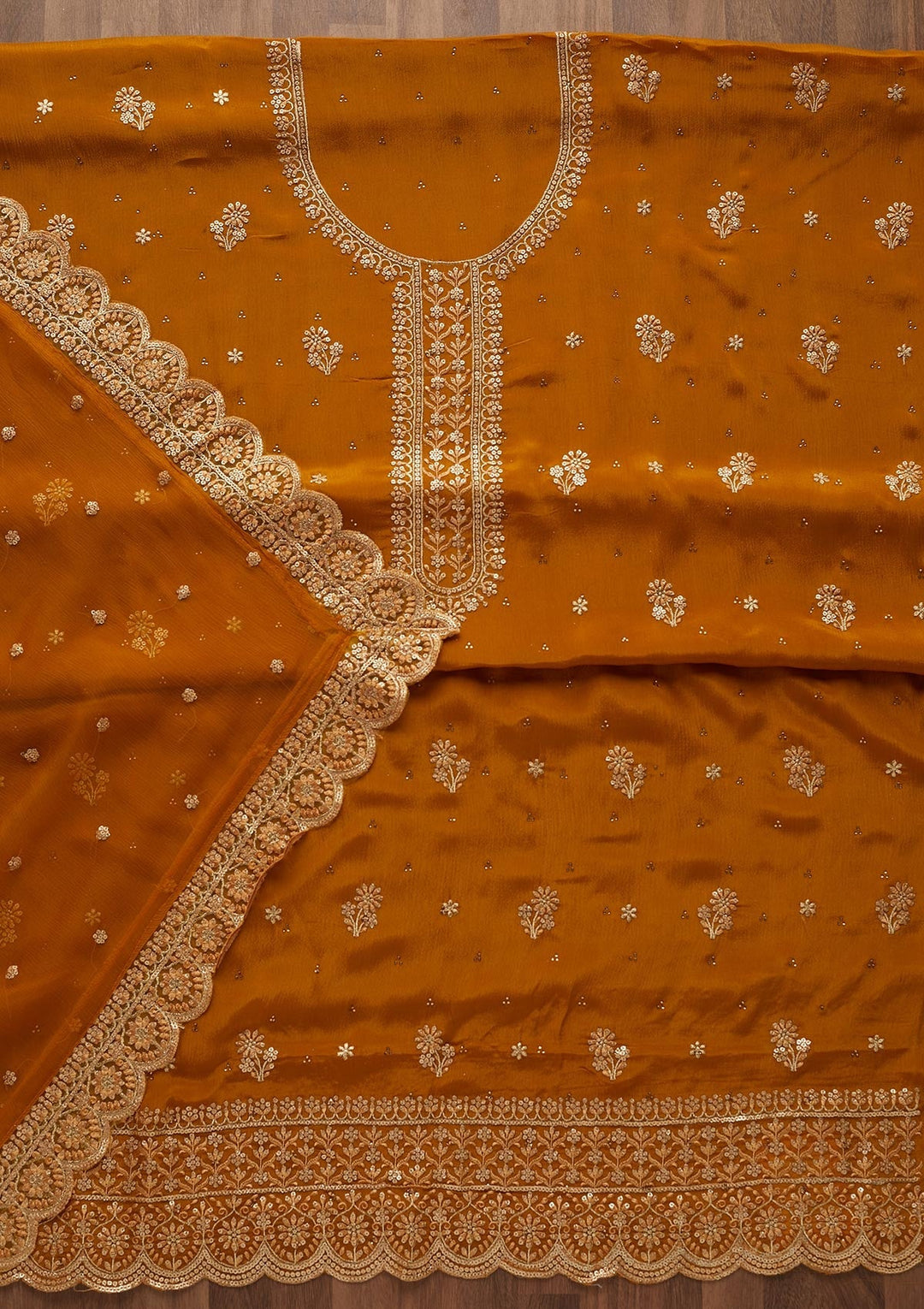 Mustard Zariwork Chiffon Unstitched Salwar Suit - Koskii