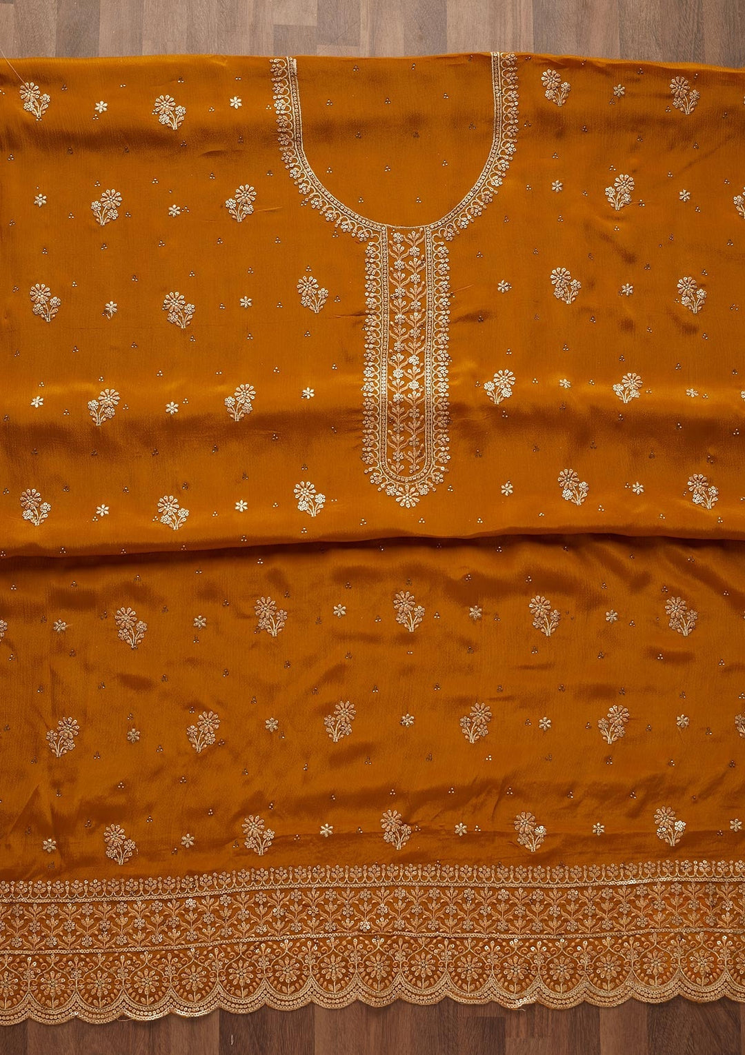 Mustard Zariwork Chiffon Unstitched Salwar Suit - Koskii