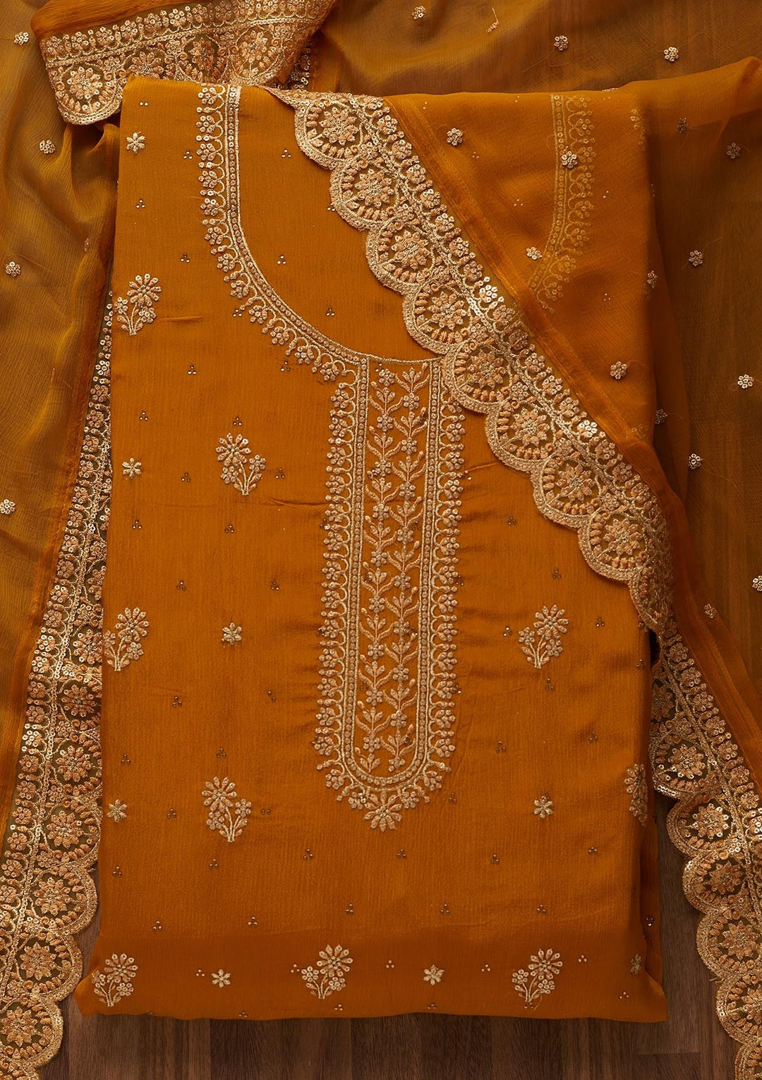 Mustard Zariwork Chiffon Unstitched Salwar Suit - Koskii