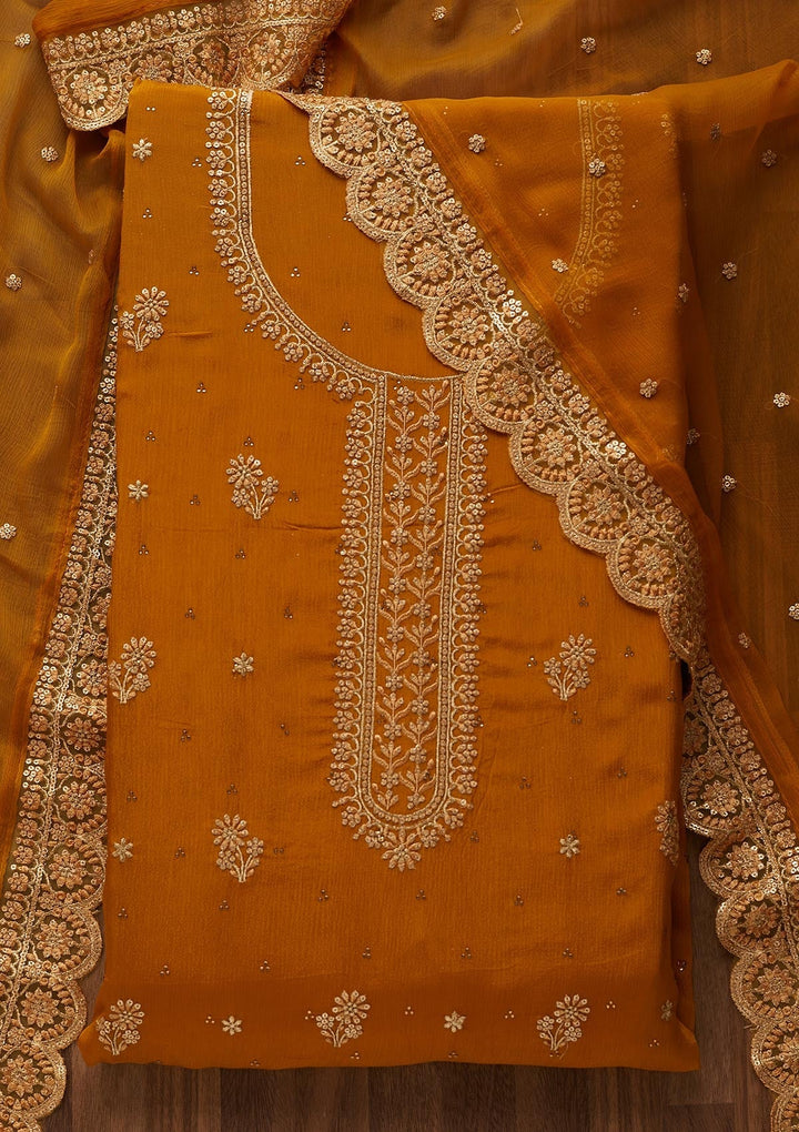 Mustard Zariwork Chiffon Unstitched Salwar Suit - Koskii