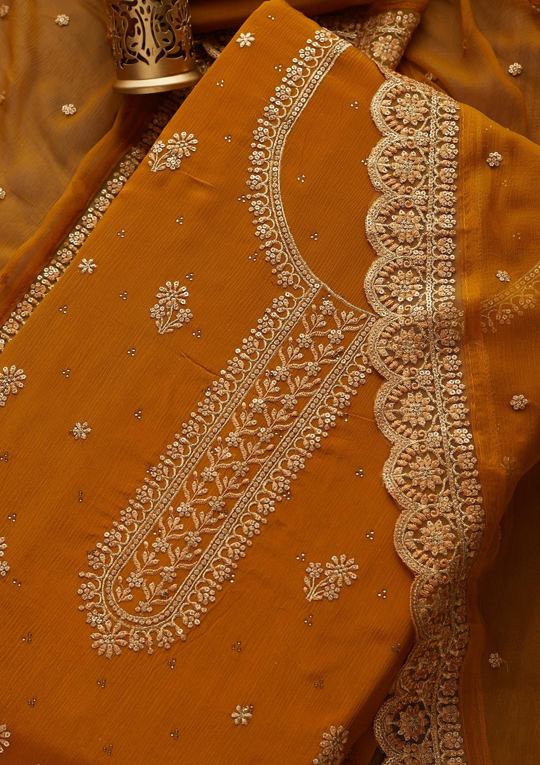 Mustard Zariwork Chiffon Unstitched Salwar Suit - Koskii
