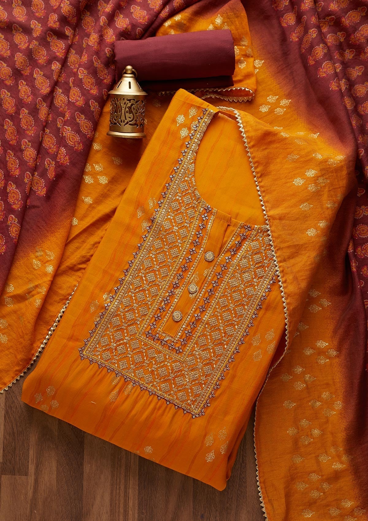 Mustard Zariwork Cotton  Semi-Stitched Salwar Suit- Koskii