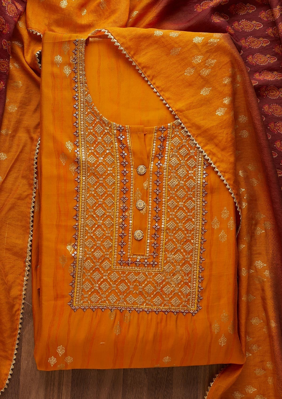 Mustard Zariwork Cotton  Semi-Stitched Salwar Suit - Koskii