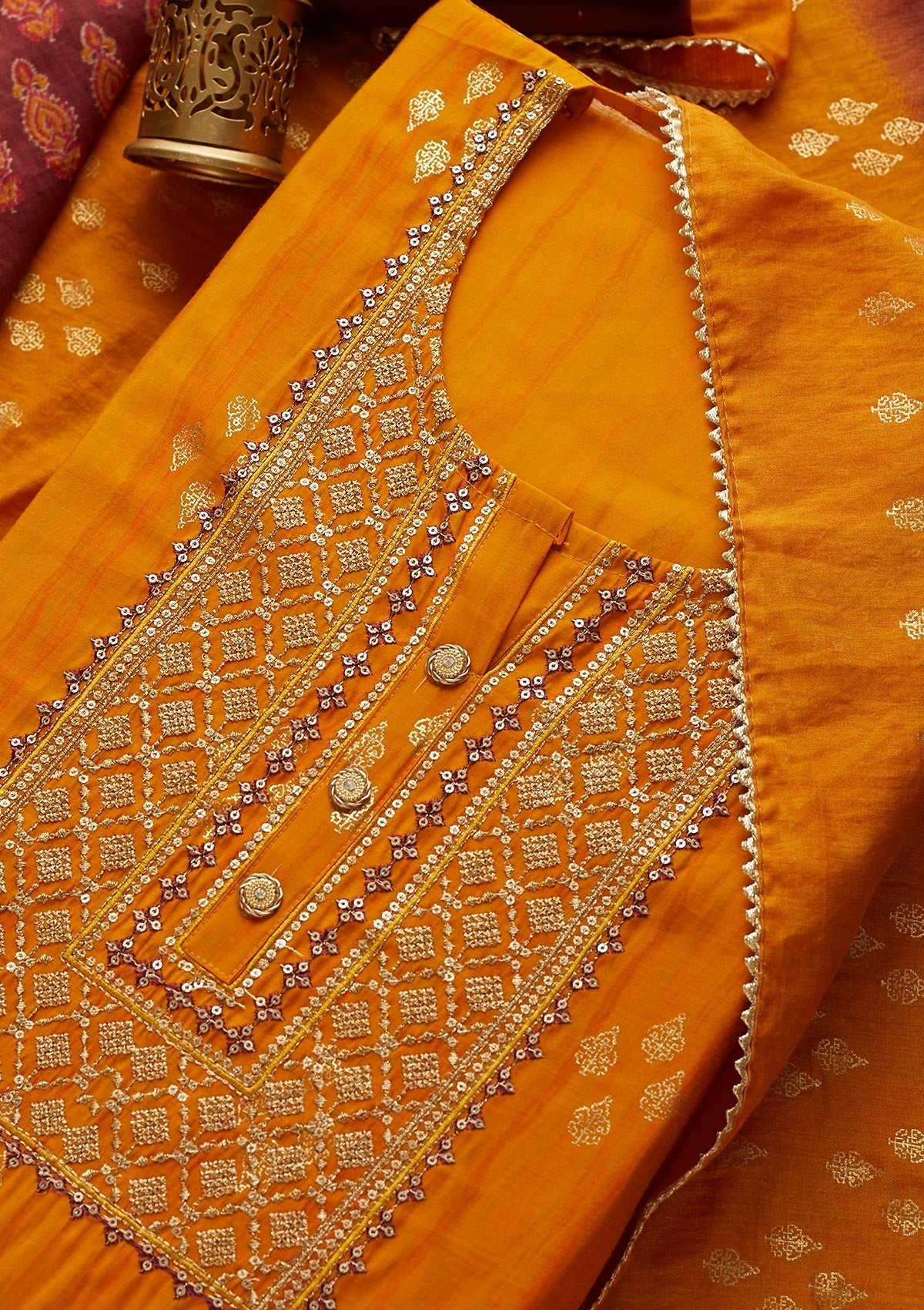 Mustard Zariwork Cotton  Semi-Stitched Salwar Suit - Koskii