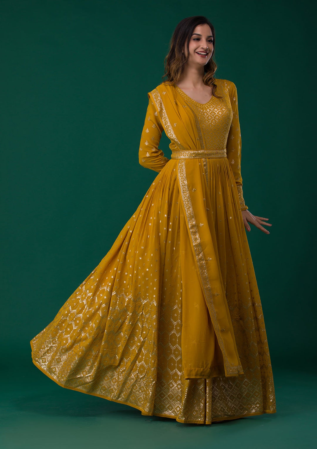 Mustard Zariwork Georgette Designer Salwar Suit-Koskii