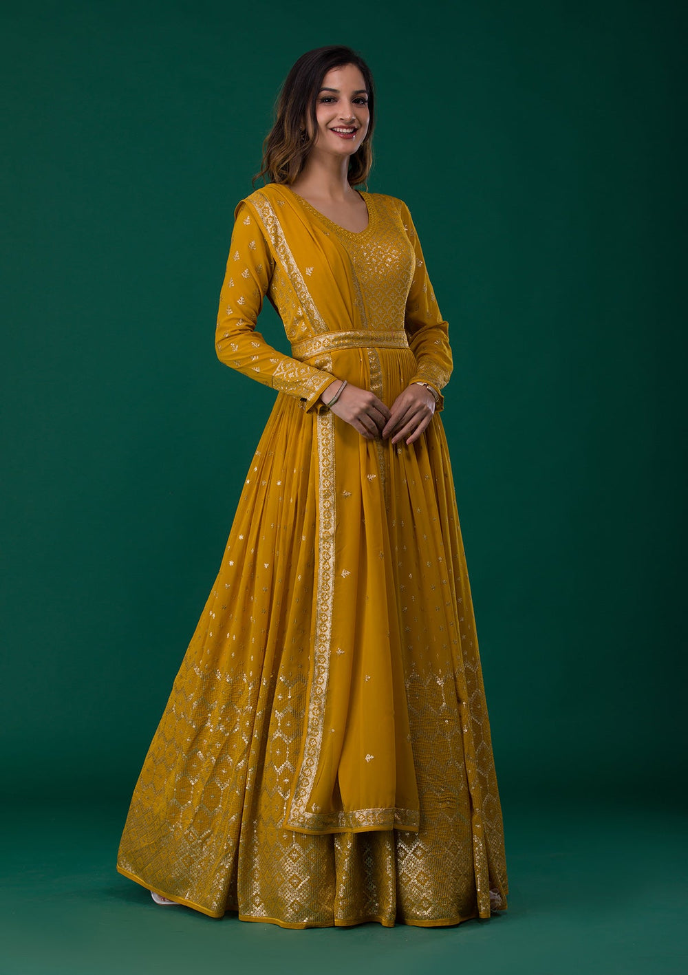 Mustard Zariwork Georgette Designer Salwar Suit-Koskii