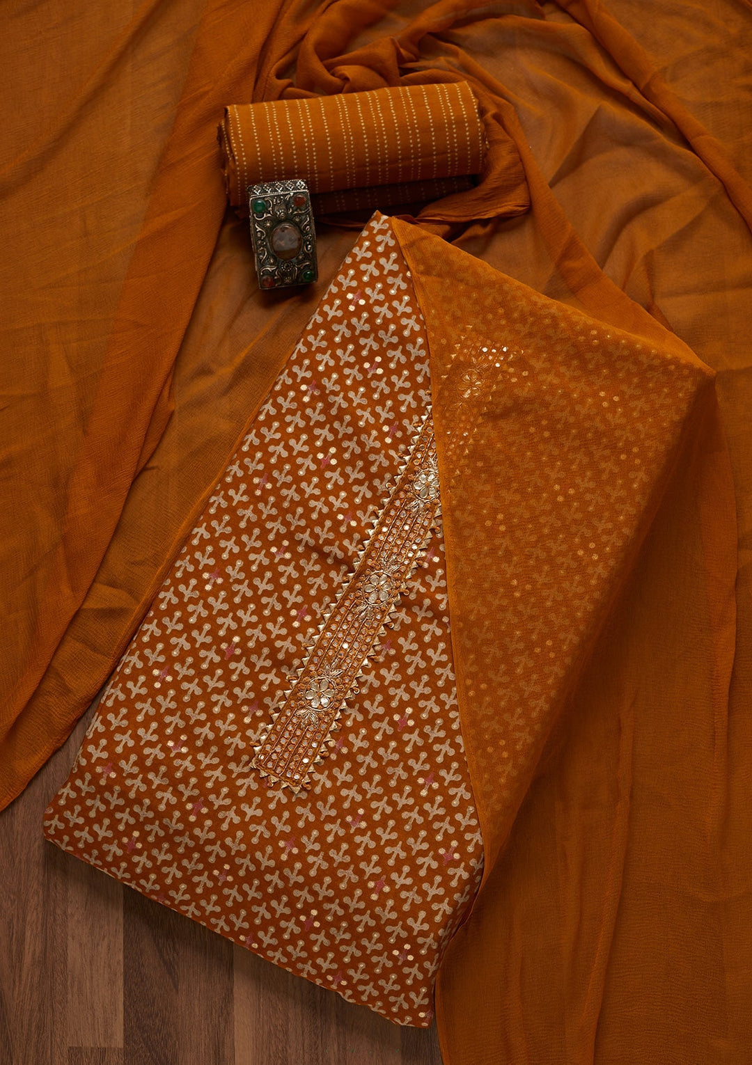 Mustard Zariwork Georgette Unstitched Salwar Suit- Koskii