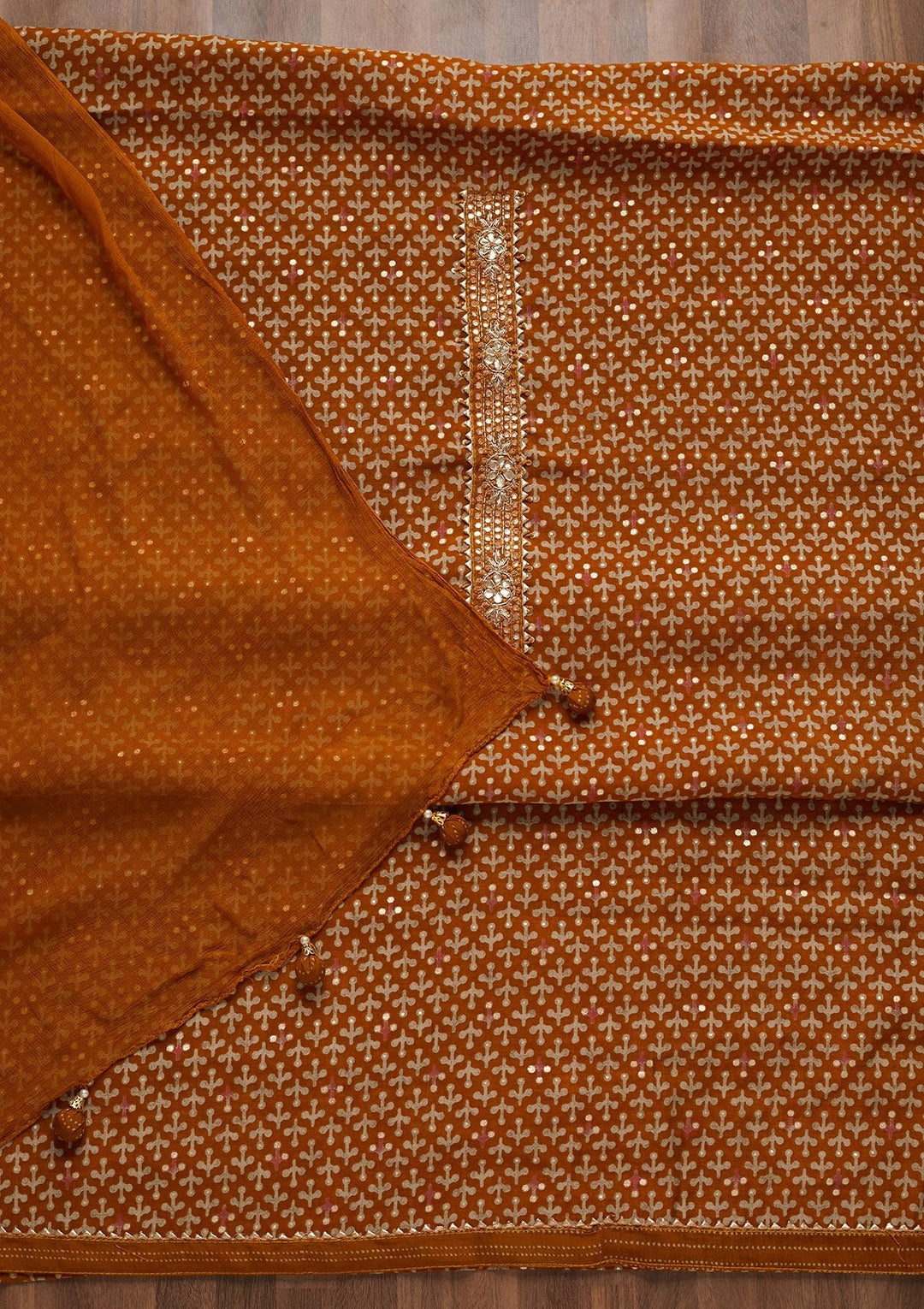 Mustard Zariwork Georgette Unstitched Salwar Suit - Koskii